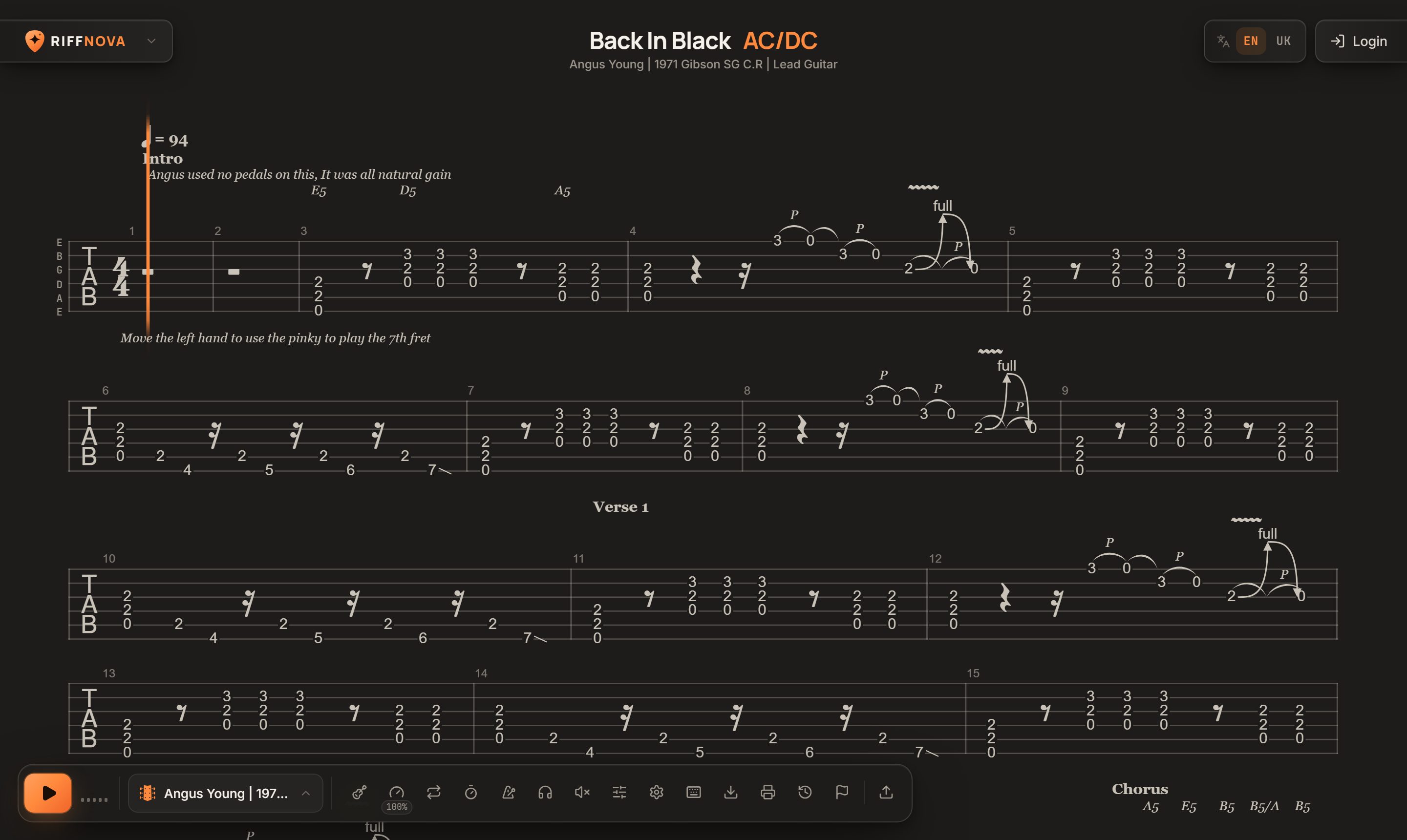 Плеєр Riffnova з табулатурою Back In Black (AC/DC), партія соло-гітари